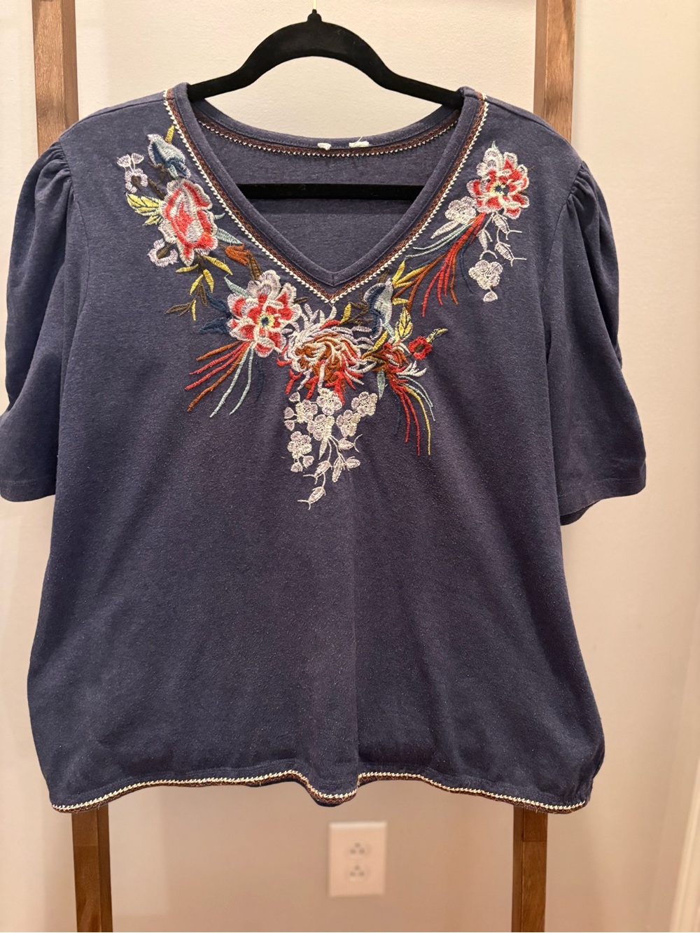 Embroidered V-Neck Women’s Top in Navy